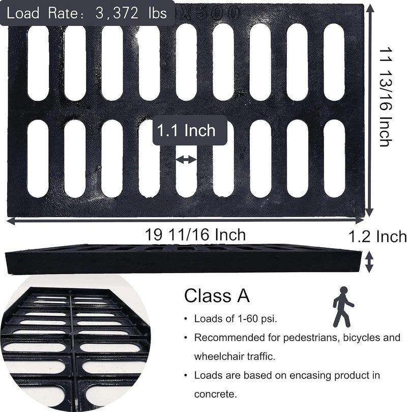 masslunt Cast Iron Drain Grate 20x12 in, A-Class 3372 lbs Heavy-Duty Channel Cover, Outdoor Trench Drainage Grate, Black Rectangle Metal Sewer Cover for Foot Traffic (True 19.7x11.8) - Image 2